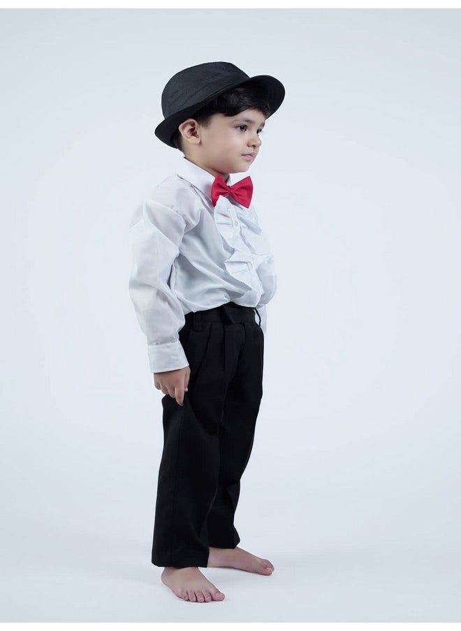 BookMyCostume Ballroom Western Dance White Frill Shirt Black Pant Hat & Bow Set Kids Fancy Dress Costume 12-14 years