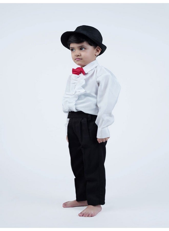 BookMyCostume Ballroom Western Dance White Frill Shirt Black Pant Hat & Bow Set Kids Fancy Dress Costume 12-14 years