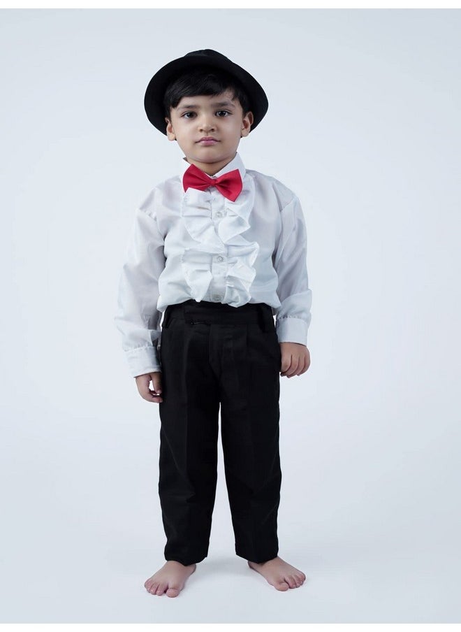 BookMyCostume Ballroom Western Dance White Frill Shirt Black Pant Hat & Bow Set Kids Fancy Dress Costume 12-14 years