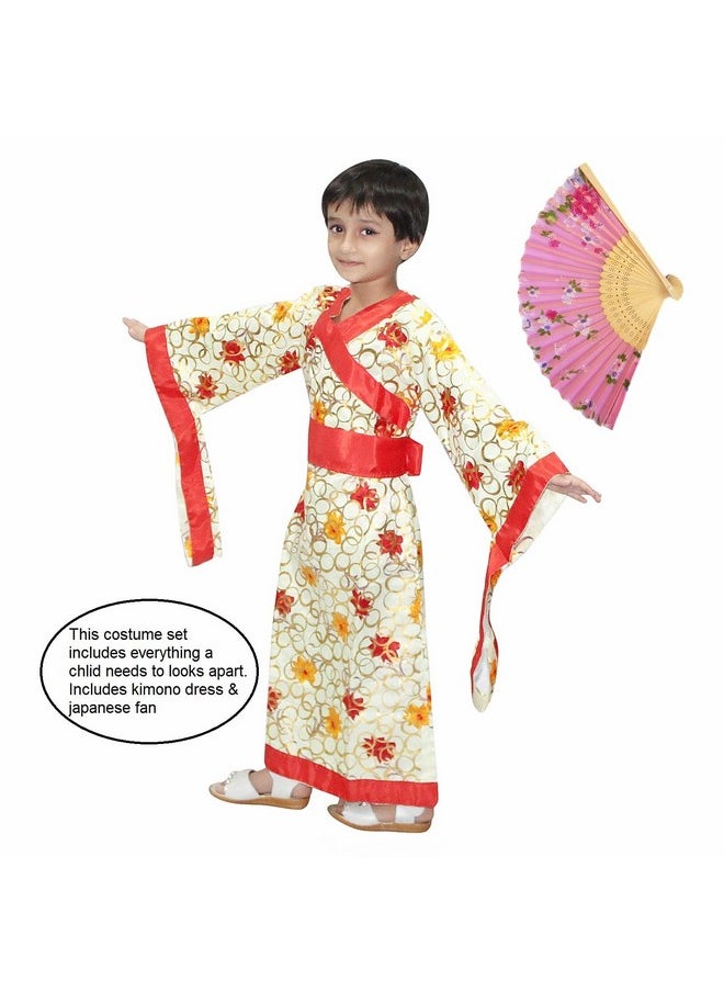 Kaku Fancy Dresses Polyester Kimono Dress For Girls With Fan | Japanese Kimono For Girls, Multicolor