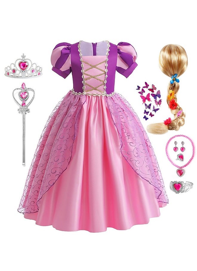 G.C Girls Rapunzel Dress Princess Dress Up Costume Toddler Puff Sleeve Dresses Wig Crown Wand Jewelry Necklace Halloween Cosplay Clothes Birthday Gifts Party Supplies