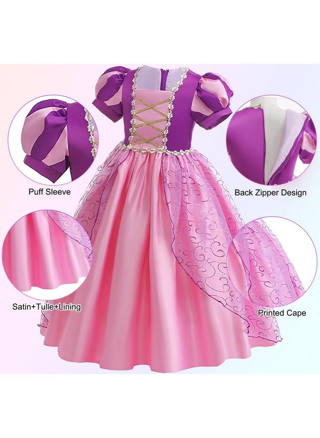 G.C Girls Rapunzel Dress Princess Dress Up Costume Toddler Puff Sleeve Dresses Wig Crown Wand Jewelry Necklace Halloween Cosplay Clothes Birthday Gifts Party Supplies