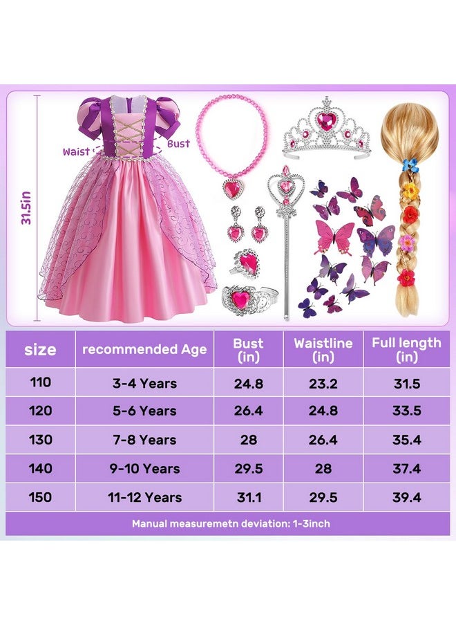G.C Girls Rapunzel Dress Princess Dress Up Costume Toddler Puff Sleeve Dresses Wig Crown Wand Jewelry Necklace Halloween Cosplay Clothes Birthday Gifts Party Supplies