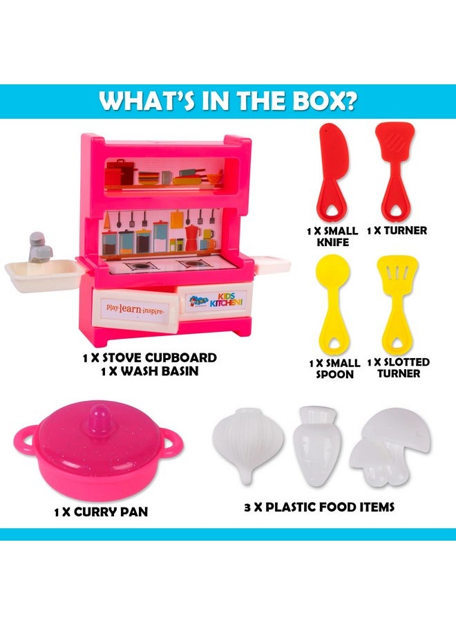WISHKEY Kitchen Set for Kids with Stove Cupboard & Plastic Utensils, Little Chef's Cooking Pretend Play Indoor Toy with Accessories for Boys & Girls Above 4 Years (Set of 10, Multicolour)