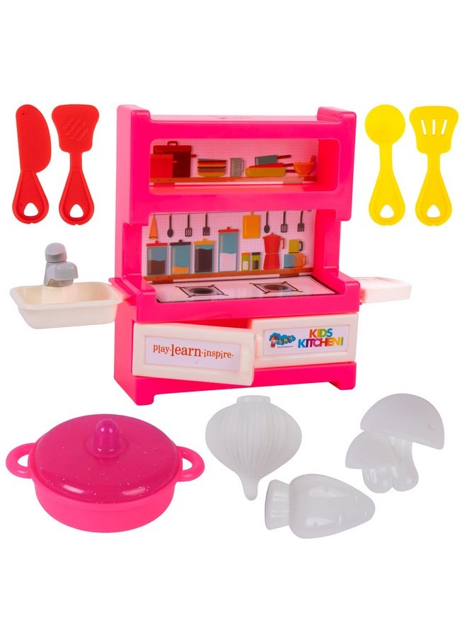 WISHKEY Kitchen Set for Kids with Stove Cupboard & Plastic Utensils, Little Chef's Cooking Pretend Play Indoor Toy with Accessories for Boys & Girls Above 4 Years (Set of 10, Multicolour)