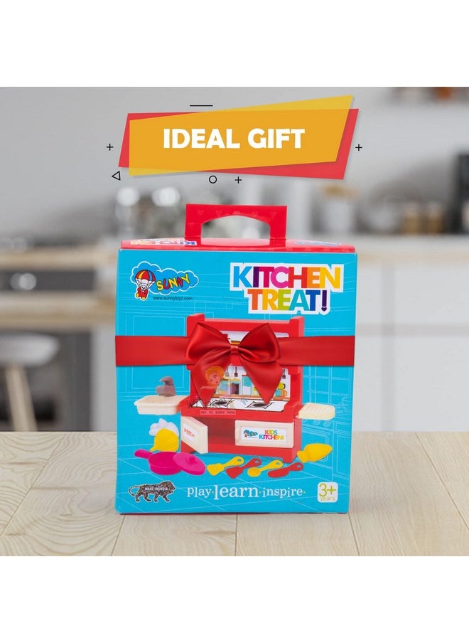 WISHKEY Kitchen Set for Kids with Stove Cupboard & Plastic Utensils, Little Chef's Cooking Pretend Play Indoor Toy with Accessories for Boys & Girls Above 4 Years (Set of 10, Multicolour)