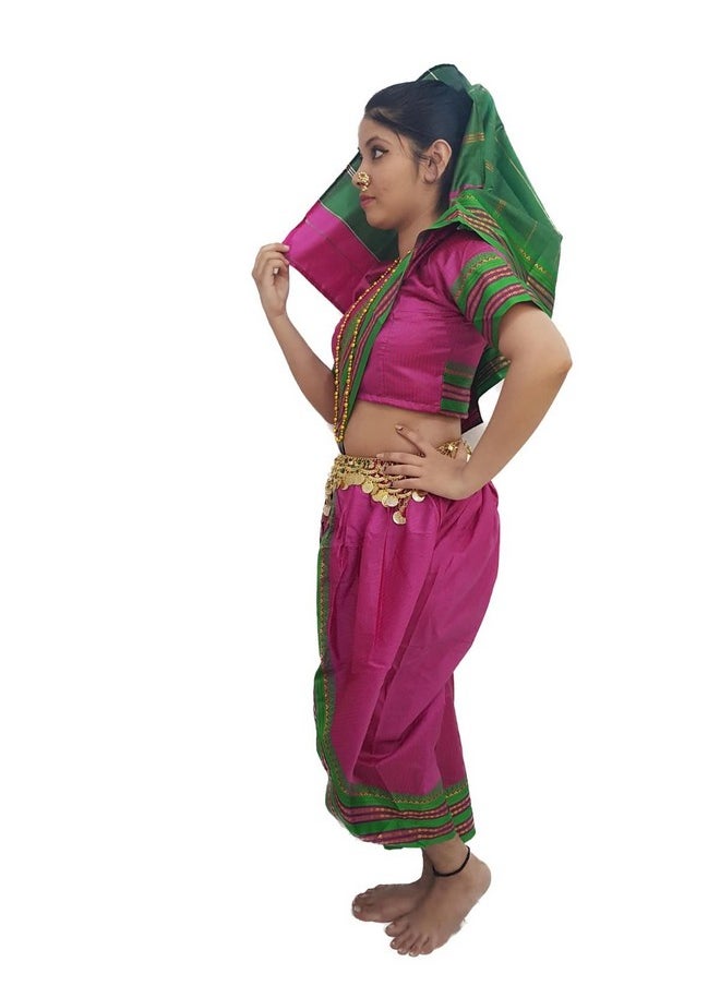 BookMyCostume Marathi Girl Lavani Dance Nauvari Costume with Jewellery Kaashta Saree Kids & Adults Fancy Dress Costume 6-7 years