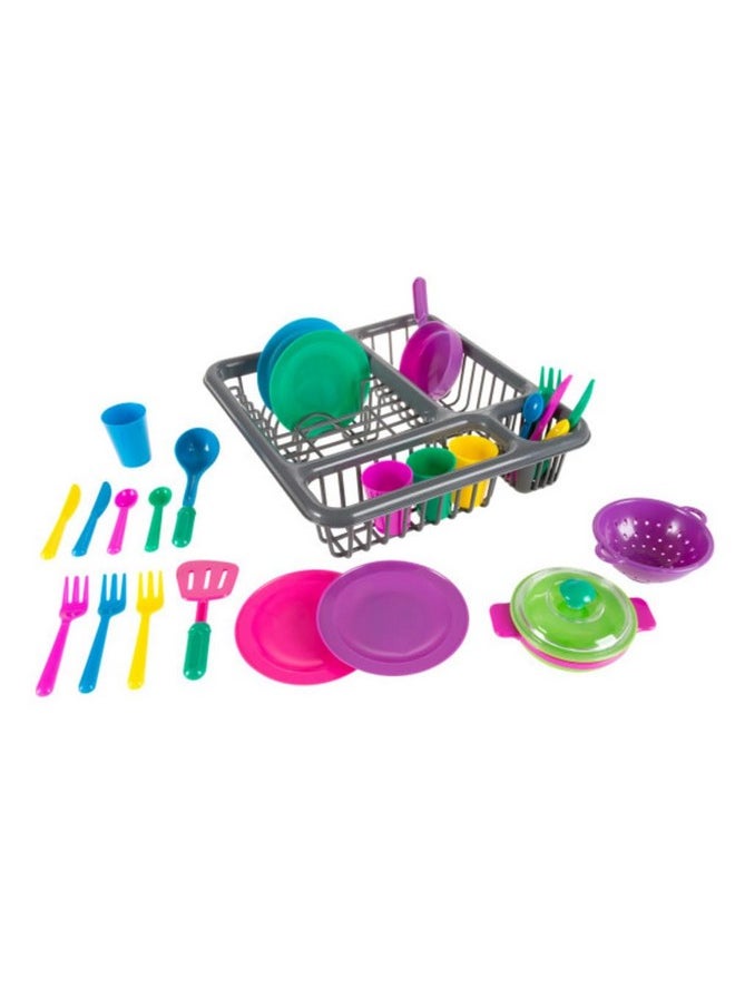 Hey! Play! Kids Play Dish Set, 27 Piece Tableware Dish Set with Dish Drainer - for Kitchen Playset and Pretend Food, Toys for Boys and Girls