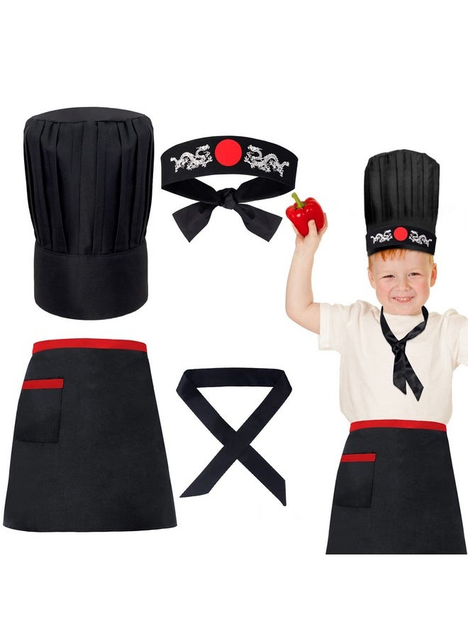 Keymall Kids Hibachi Chef Hat Teppanyaki Tall Chef Cap With Hachimaki Headband Tie Apron for Hibachi Birthday Party Costume(black)