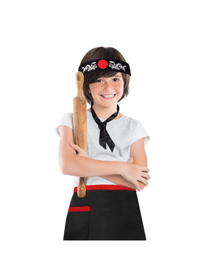 Keymall Kids Hibachi Chef Hat Teppanyaki Tall Chef Cap With Hachimaki Headband Tie Apron for Hibachi Birthday Party Costume(black)