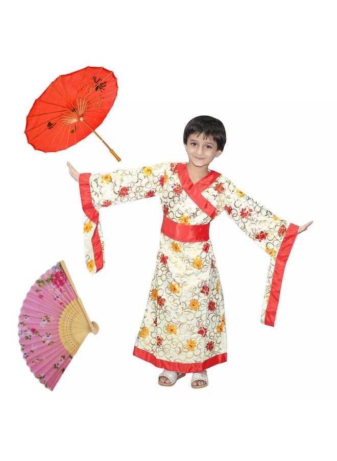 Kaku Fancy Dresses Polyester Kimono Dress For Girls With Fan & Japanese Umbrella | Japanese Kimono Costume Set For Girls, Multicolor