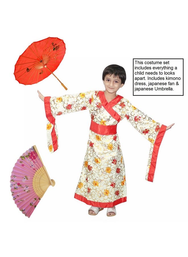 Kaku Fancy Dresses Polyester Kimono Dress For Girls With Fan & Japanese Umbrella | Japanese Kimono Costume Set For Girls, Multicolor