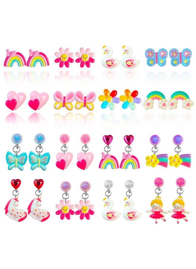 Elesa Miracle 16 Pairs Kids Little Girl Baby Girl Shiny Clip-on Earrings Value Set Pretend Play Dress Up Accessories Toy Jewelry
