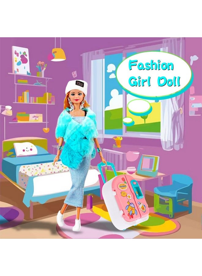 ebuddy Doll and Accessories Doll Closet Playset with 106 pcs Doll Clothes and Accessories for Girls 6-12 Including one Doll, Closet, Stylish Blue Set, Luggage, Shoe Rack, Wedding Gowns