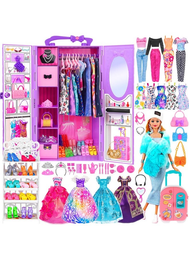 ebuddy Doll and Accessories Doll Closet Playset with 106 pcs Doll Clothes and Accessories for Girls 6-12 Including one Doll, Closet, Stylish Blue Set, Luggage, Shoe Rack, Wedding Gowns