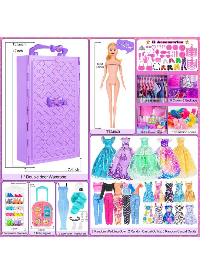 ebuddy Doll and Accessories Doll Closet Playset with 106 pcs Doll Clothes and Accessories for Girls 6-12 Including one Doll, Closet, Stylish Blue Set, Luggage, Shoe Rack, Wedding Gowns