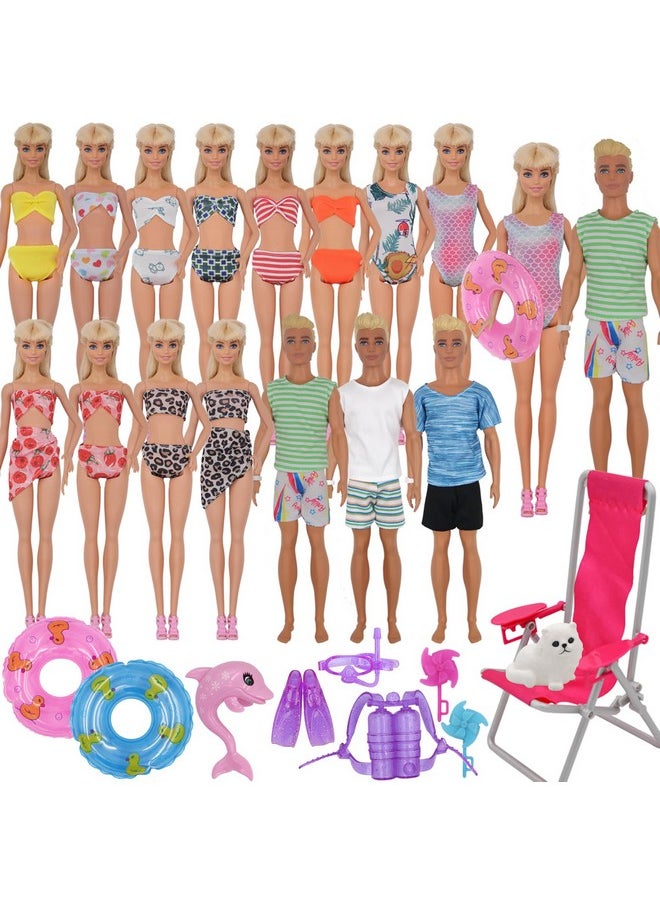 ztweden 42Pcs Doll Clothes and Swimming Accessories for 12 inch Boy and Girl Dolls Includes Bikini Swim Suit Swim Trunks Skateboard Lifebuoys Chair Diving Swimming Sets for 12 inch Doll Beach Style