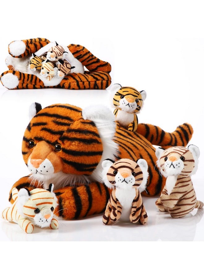 Threan 5 Pcs Tiger Stuffed Animals Christmas Plush Toy Set 16 Inch Stuffed Mommy Tiger with 4 Cute Plush Tiger Babies in Belly for Kids Boys Girls Birthday Christmas Party Favors(Cute)