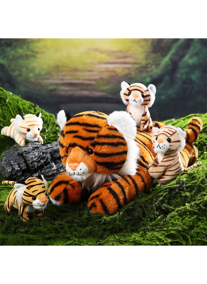 Threan 5 Pcs Tiger Stuffed Animals Christmas Plush Toy Set 16 Inch Stuffed Mommy Tiger with 4 Cute Plush Tiger Babies in Belly for Kids Boys Girls Birthday Christmas Party Favors(Cute)