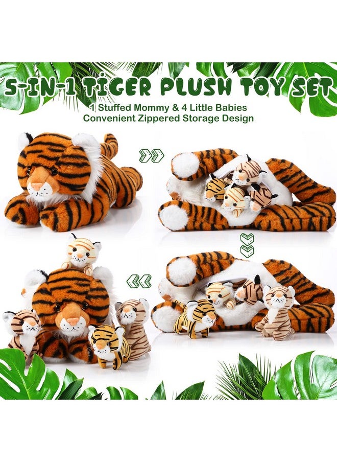 Threan 5 Pcs Tiger Stuffed Animals Christmas Plush Toy Set 16 Inch Stuffed Mommy Tiger with 4 Cute Plush Tiger Babies in Belly for Kids Boys Girls Birthday Christmas Party Favors(Cute)