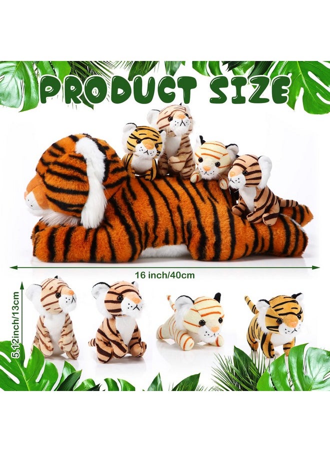 Threan 5 Pcs Tiger Stuffed Animals Christmas Plush Toy Set 16 Inch Stuffed Mommy Tiger with 4 Cute Plush Tiger Babies in Belly for Kids Boys Girls Birthday Christmas Party Favors(Cute)