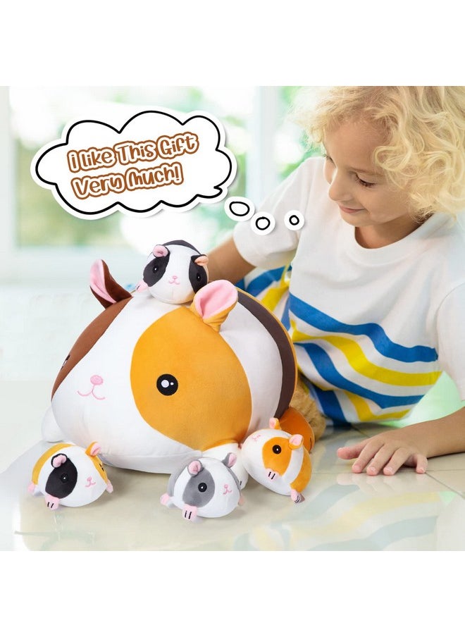 Threan 5 Pieces Guinea Pig Stuffed Animals 14 Inch Mommy Guinea Pig Plush with 4 Cute Baby Guinea Pigs Soft Guinea Pig Set Gift for Boys Girls Christmas Party Supplies