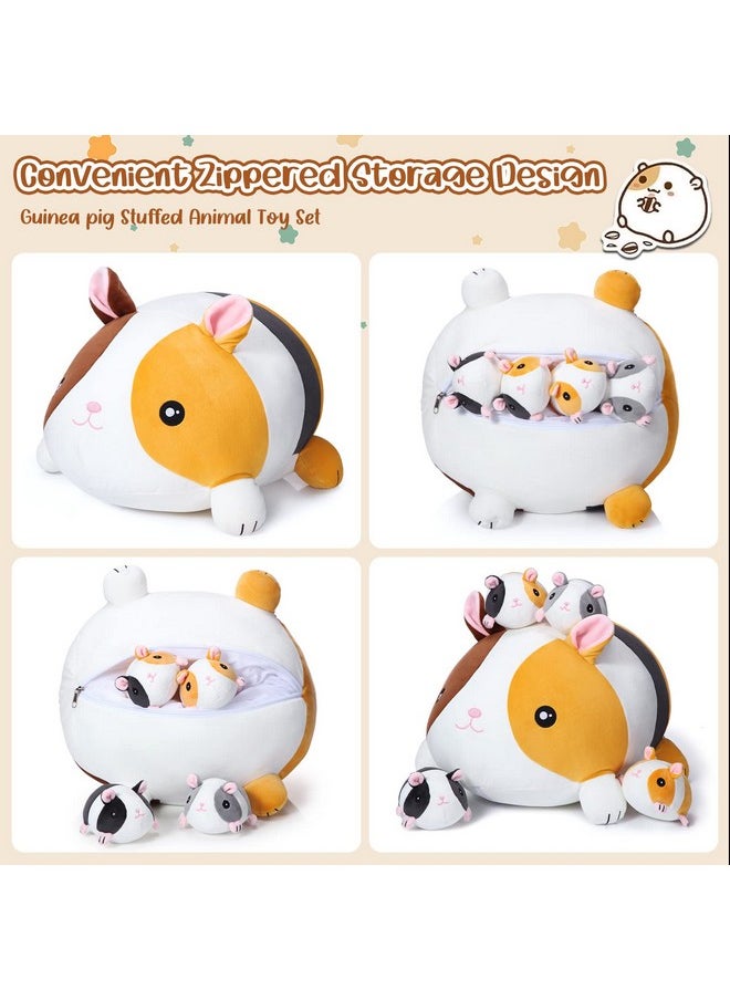 Threan 5 Pieces Guinea Pig Stuffed Animals 14 Inch Mommy Guinea Pig Plush with 4 Cute Baby Guinea Pigs Soft Guinea Pig Set Gift for Boys Girls Christmas Party Supplies