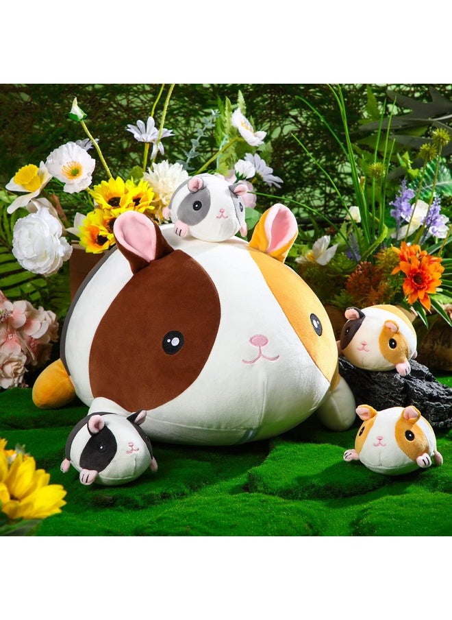 Threan 5 Pieces Guinea Pig Stuffed Animals 14 Inch Mommy Guinea Pig Plush with 4 Cute Baby Guinea Pigs Soft Guinea Pig Set Gift for Boys Girls Christmas Party Supplies