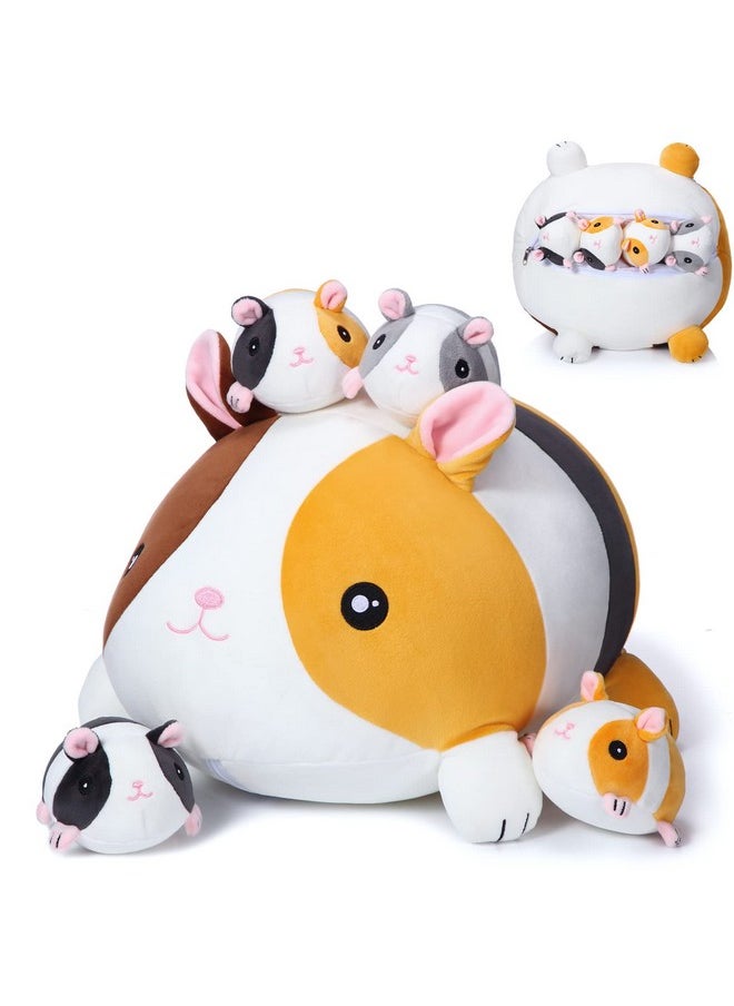 Threan 5 Pieces Guinea Pig Stuffed Animals 14 Inch Mommy Guinea Pig Plush with 4 Cute Baby Guinea Pigs Soft Guinea Pig Set Gift for Boys Girls Christmas Party Supplies