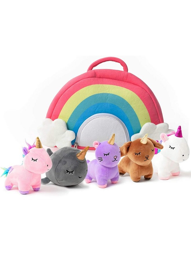 PixieCrush Unicorn Stuffed Animal Set - Five Plush Toys Including Narwhal, Puppycorn, Kittycorn, Rainbow and Pink Unicorn - Soft Colorful Plushies with Rainbow Carry Case - Thoughtful Gift for Kids