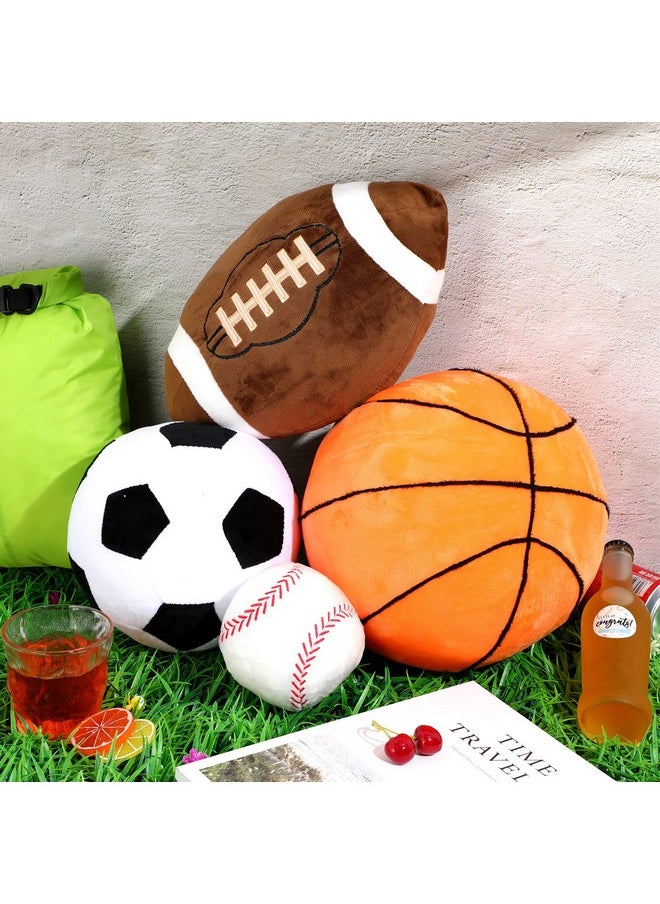 Sratte 4 Pcs Stuffed Sports Pillows Toy Set, Soft Plush Basketball Soccer Ball Football Baseball Pillow Sports Shaped Throw Pillows Cute Cushion Pillow for Room Bedroom Decor Indoor Gifts