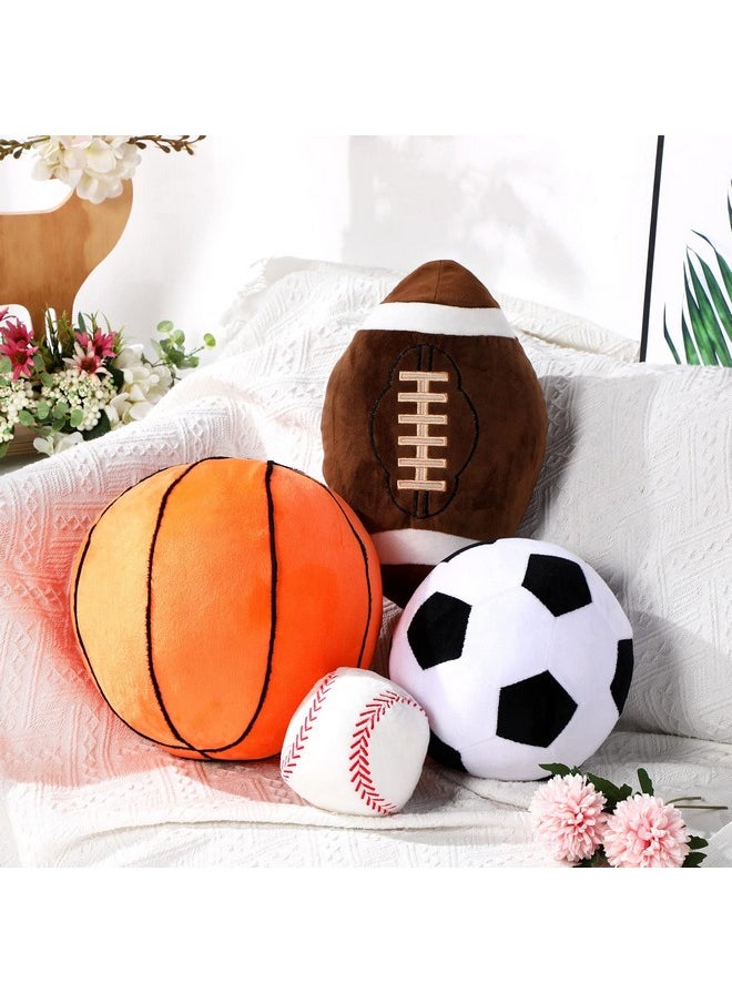 Sratte 4 Pcs Stuffed Sports Pillows Toy Set, Soft Plush Basketball Soccer Ball Football Baseball Pillow Sports Shaped Throw Pillows Cute Cushion Pillow for Room Bedroom Decor Indoor Gifts