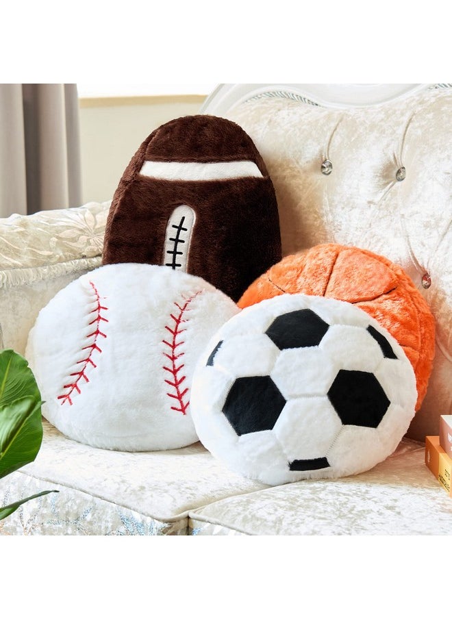 4 Pcs Sports Throw Pillows Fluffy Stuffed Soccer Ball Pillow Soft Stuffed Basketball Pillows Baseball Soft Throw Pillow Football Shaped Plush Toy Sport Cushion (Plush,Medium)