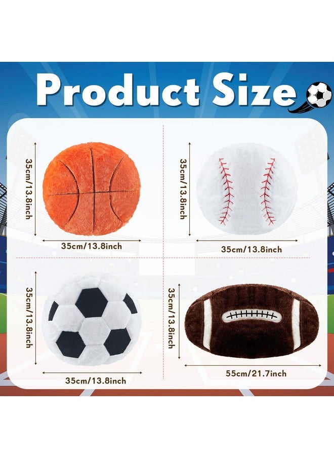 4 Pcs Sports Throw Pillows Fluffy Stuffed Soccer Ball Pillow Soft Stuffed Basketball Pillows Baseball Soft Throw Pillow Football Shaped Plush Toy Sport Cushion (Plush,Medium)