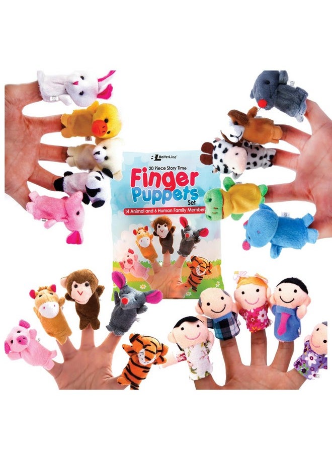 20-Piece Story Time Finger Puppets Set - Cloth Velvet Puppets - 14 Animals and 6 People Family Members