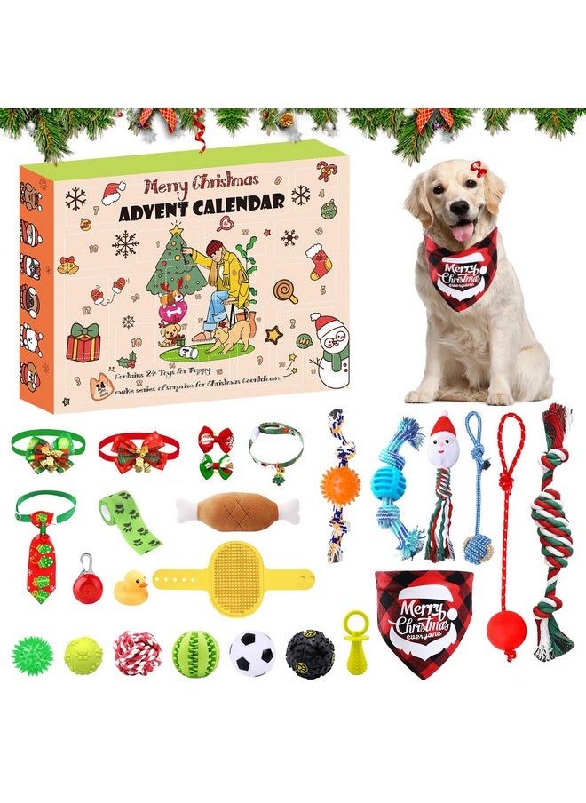 Dog Advent Calendar 2024, Christmas Dog Toys with Chew Ropes Squeaky Balls Teething Toys Dog Bow Tie Collars Bandana, 24 Set Christmas Countdown Calendar Gift for Dog Puppy