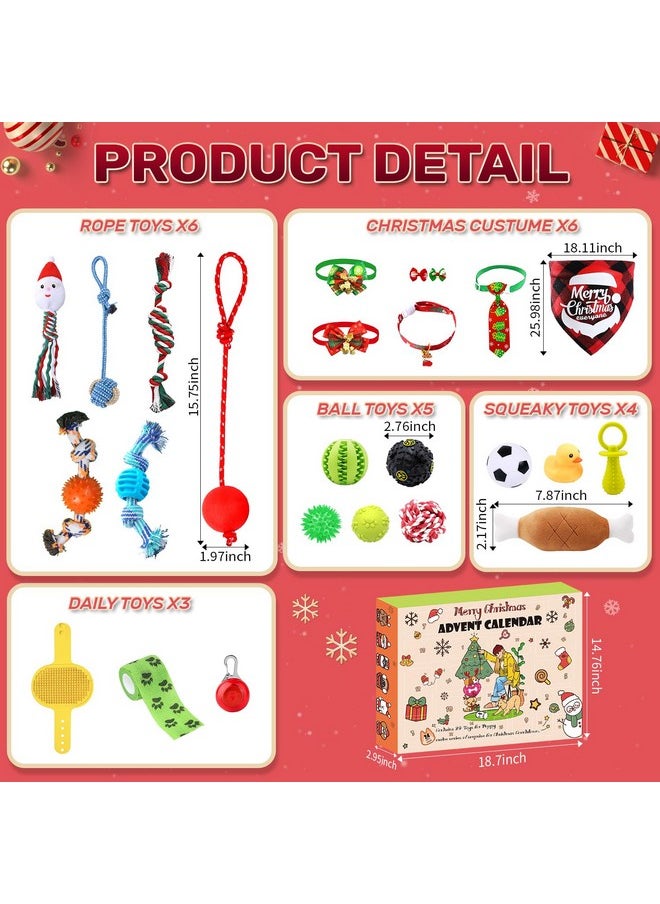 Dog Advent Calendar 2024, Christmas Dog Toys with Chew Ropes Squeaky Balls Teething Toys Dog Bow Tie Collars Bandana, 24 Set Christmas Countdown Calendar Gift for Dog Puppy