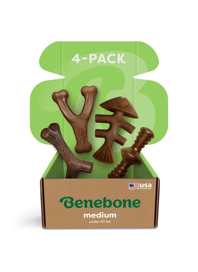 Benebone Medium 4-Pack Dog Chew Toys for Aggressive Chewers, Made in USA, 60lbs and Under