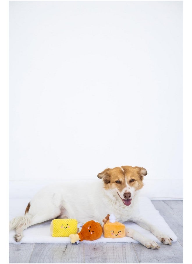 Pearhead Thanksgiving Dinner Dog Toys, Set of 3, Plush Dog Toys, Squeaky Dog Toy, Pumpkin Pie and Turkey Leg Toy, Fall Pet Toys