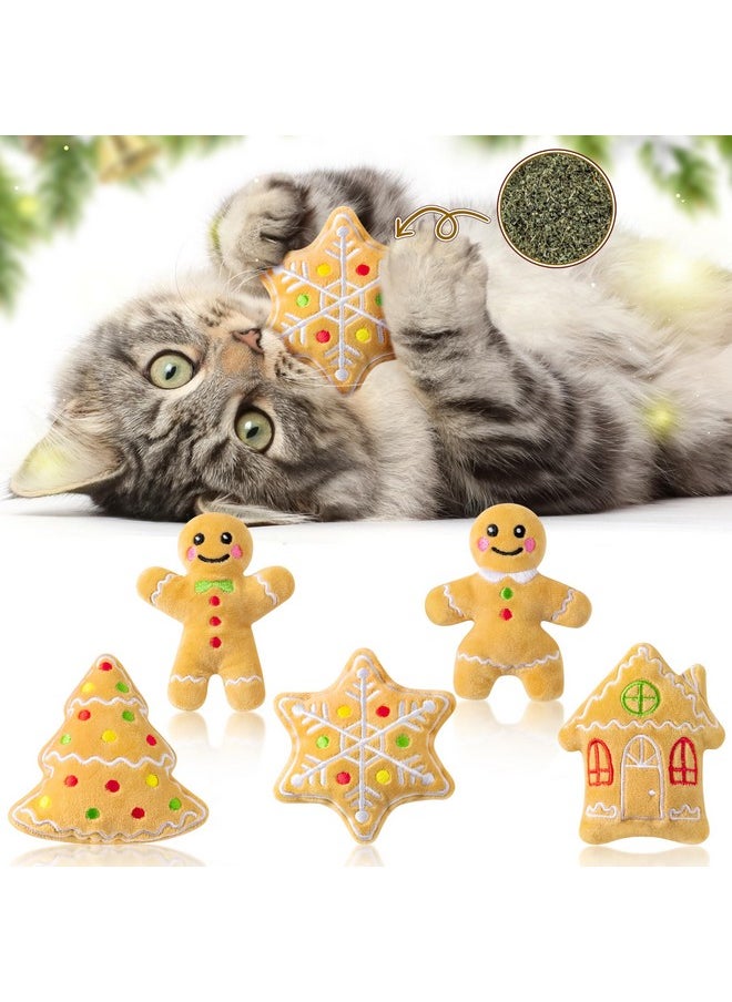 MALLMALL6 Catnip Toys for Cat - 5Pcs Christmas Gingerbread Catmint Interactive Cat Toy for Indoor Cats, Soft Plush Cat Supplies, Kitten Teething Chew Kick Toy Set, Pet Xmas Gifts for Cat Lover