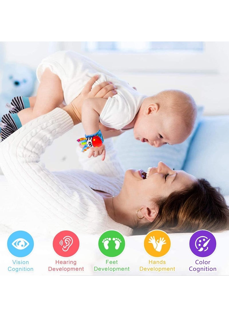 4 Pcs Baby Wrist Rattles Socks Toys,Newborn Wristband Rattles,Foot Finder Baby Toy with Sensory Stimulation,Soft Animal Bell Strap Development,Gift for 0-9 Month Infant Toddlers Boy Girl