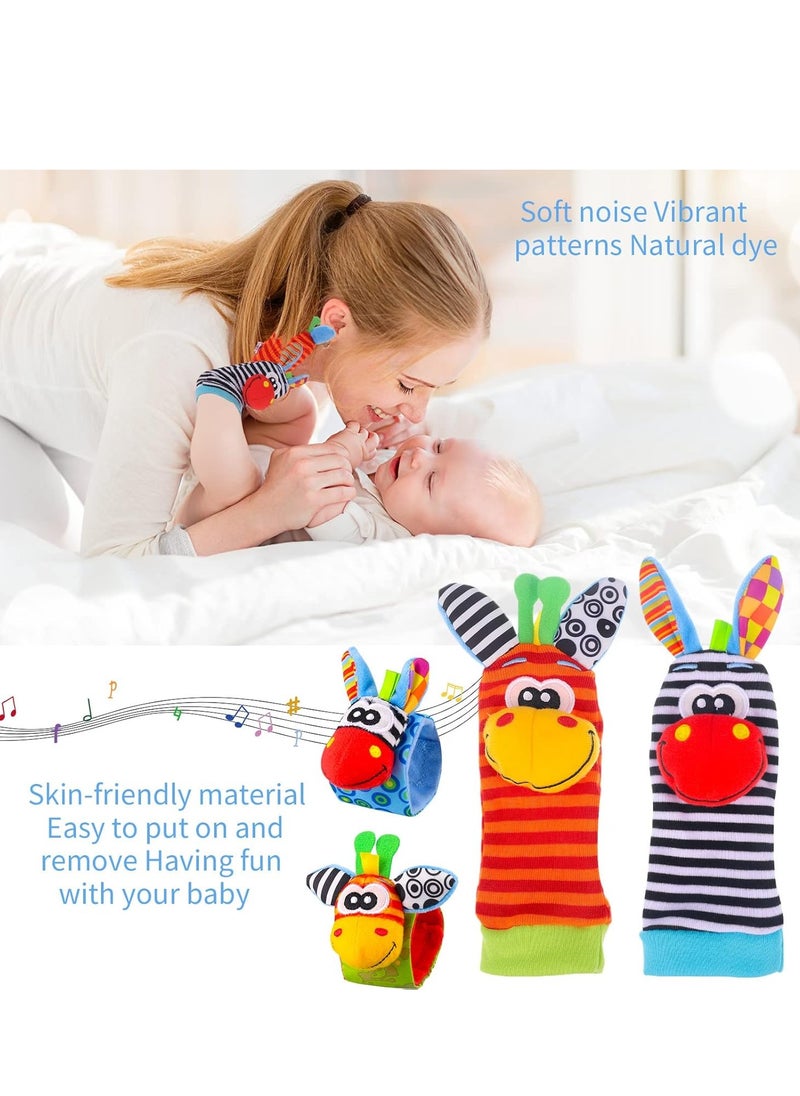 4 Pcs Baby Wrist Rattles Socks Toys,Newborn Wristband Rattles,Foot Finder Baby Toy with Sensory Stimulation,Soft Animal Bell Strap Development,Gift for 0-9 Month Infant Toddlers Boy Girl