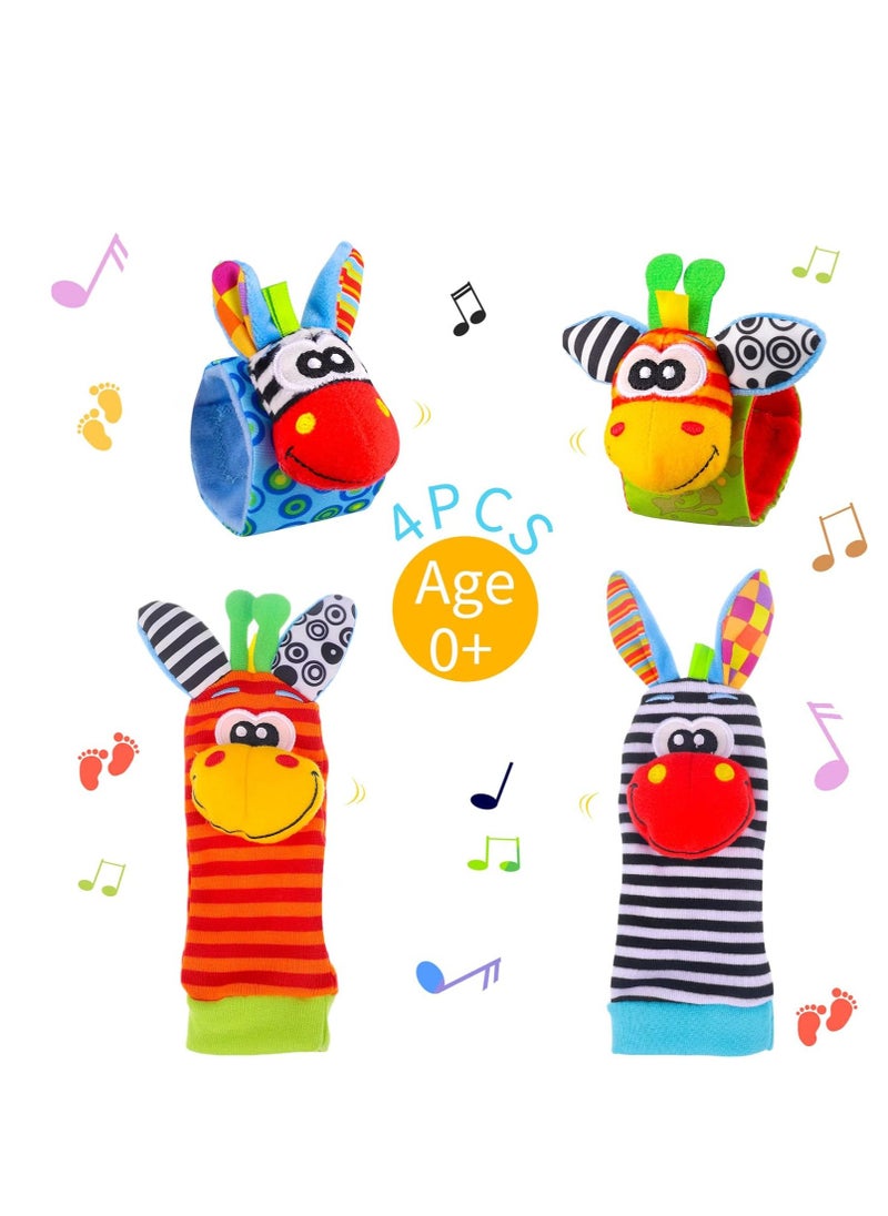 4 Pcs Baby Wrist Rattles Socks Toys,Newborn Wristband Rattles,Foot Finder Baby Toy with Sensory Stimulation,Soft Animal Bell Strap Development,Gift for 0-9 Month Infant Toddlers Boy Girl