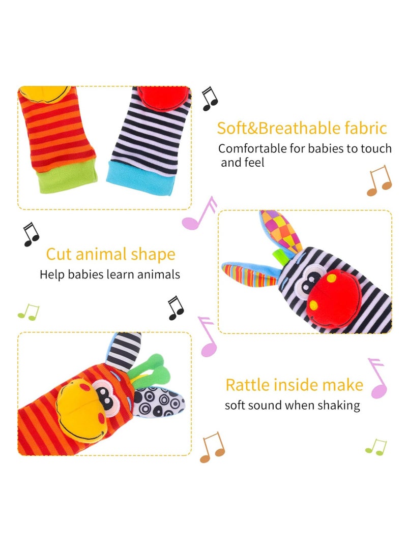 4 Pcs Baby Wrist Rattles Socks Toys,Newborn Wristband Rattles,Foot Finder Baby Toy with Sensory Stimulation,Soft Animal Bell Strap Development,Gift for 0-9 Month Infant Toddlers Boy Girl