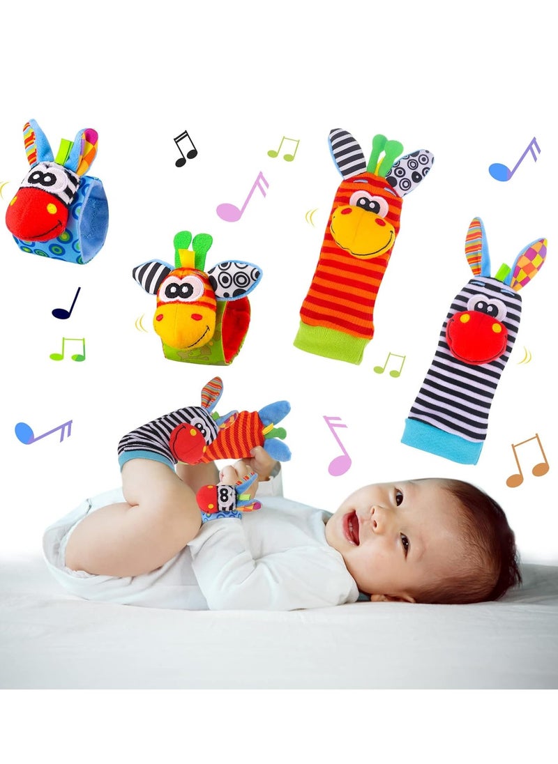 4 Pcs Baby Wrist Rattles Socks Toys,Newborn Wristband Rattles,Foot Finder Baby Toy with Sensory Stimulation,Soft Animal Bell Strap Development,Gift for 0-9 Month Infant Toddlers Boy Girl