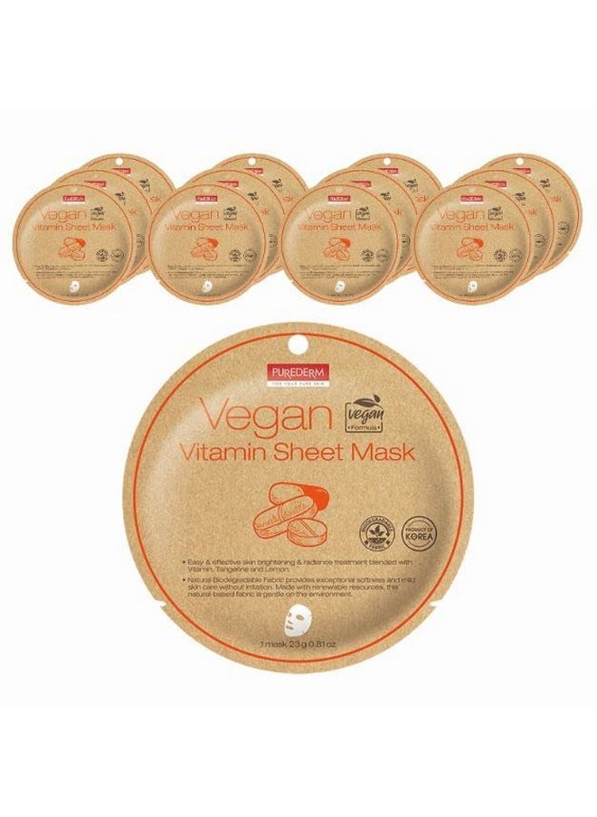 Purederm Vegan Vitamin Sheet Masks (12 Packs) - Facial Sheet Mask for Brightening & radiance Treatment