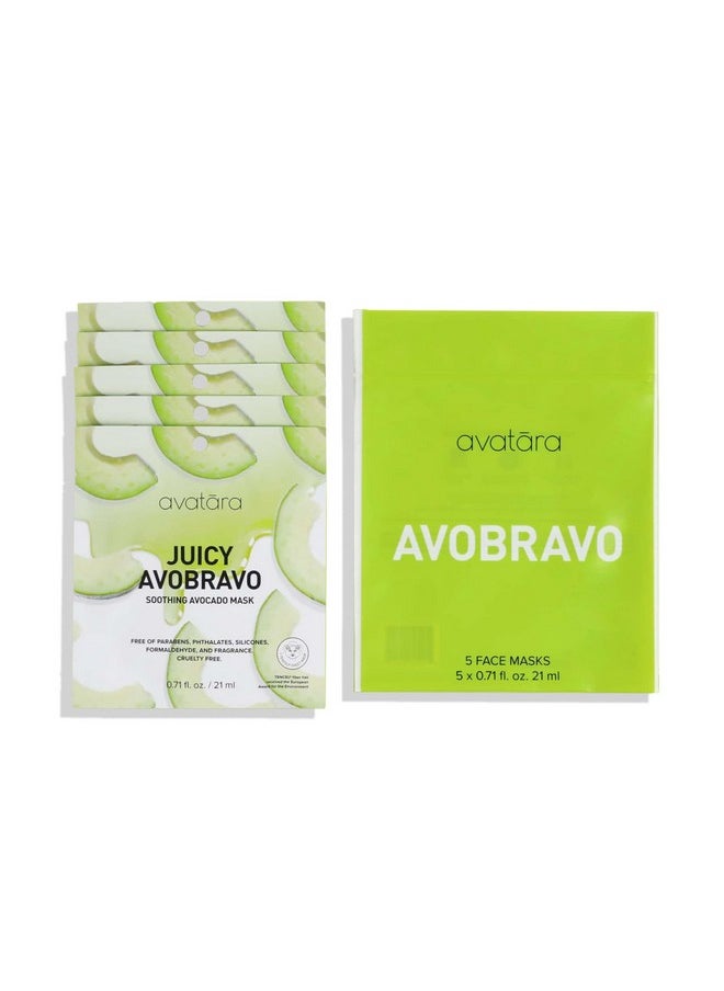 Avatara Juicy Avobravo Soothing Facial Mask 5 Sheets, Beauty and Skincare Sheet Masks, Avocado Extracts and Clean, Natural Ingredients for Moisturizing, Calming and Refreshing Irritated Skin, 5 Pack