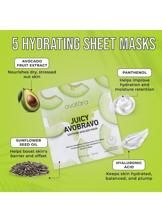 Avatara Juicy Avobravo Soothing Facial Mask 5 Sheets, Beauty and Skincare Sheet Masks, Avocado Extracts and Clean, Natural Ingredients for Moisturizing, Calming and Refreshing Irritated Skin, 5 Pack