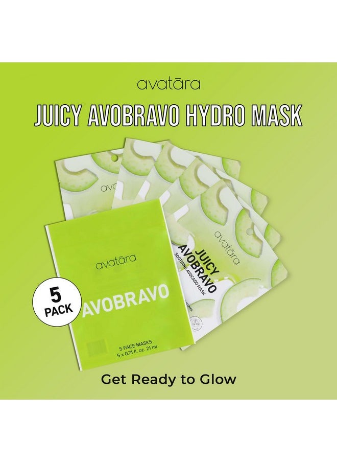 Avatara Juicy Avobravo Soothing Facial Mask 5 Sheets, Beauty and Skincare Sheet Masks, Avocado Extracts and Clean, Natural Ingredients for Moisturizing, Calming and Refreshing Irritated Skin, 5 Pack