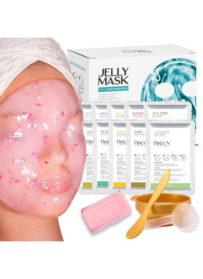 BRÜUN Peel-Off Jelly Mask Hydrating Premium Modeling Rubber Mask Spa Set - 10 Treatments (24k Gold, Lavender, Kiwi, Peppermint, Egyptian Rose, Matcha, Chamomile, Tea tree, Jazmine)